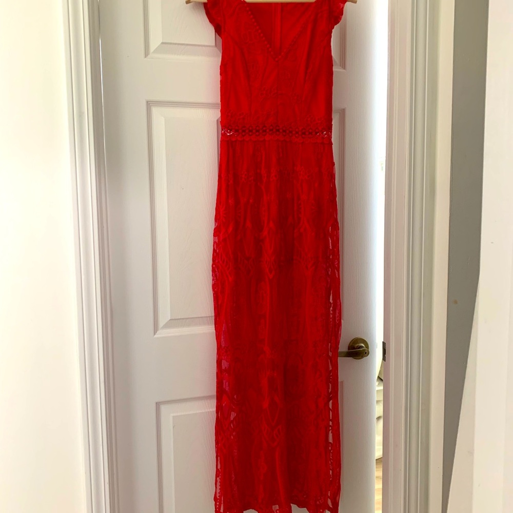 Red long lace romper